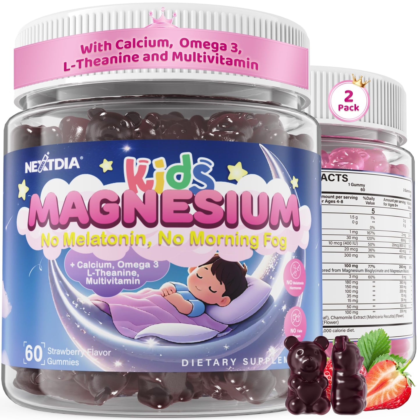 Nextdia Kids Magnesium Glycinate Gummies + Calcium + Omega-3, Melatonin Free, with L-Theanine, B6, D3 & K2, Zinc & Vitamin C, 120 Gummies