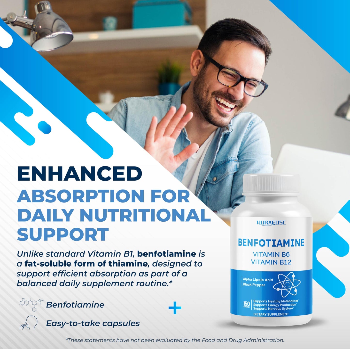 NURAFUSE Liposomal Benfotiamine with Vitamin B6, Vitamin B12, Alpha Lipoic Acid, Curcumin Capsules, 150 Count
