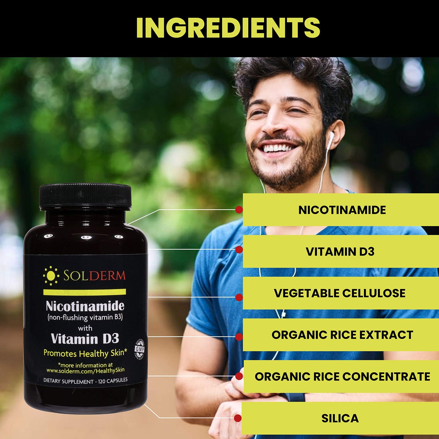 SOLDERM Nicotinamide Non-Flushing Vitamin B3 and D3 Supplement Capsules, 120 Capsules