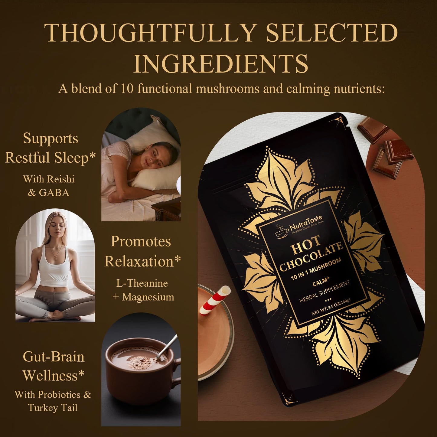 NUTRATASTE HEALTHIER CHOICE RICHER TASTE Mushroom Hot Cocoa with Magnesium Glycinate & L-Theanine, GABA Powder 8.5 oz