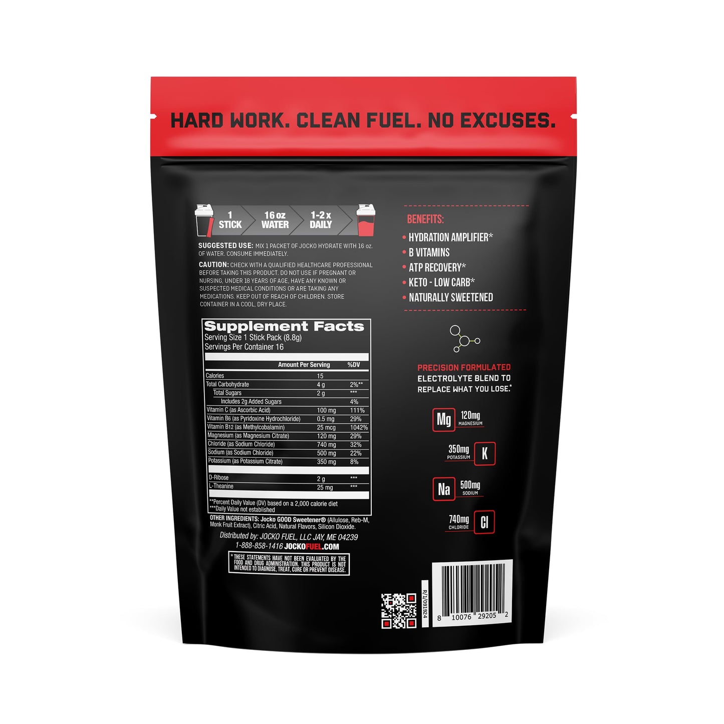 Jocko Fuel Hydrate Electrolytes Powder Packets Low Sugar, 16 Packets, Fruit Punch