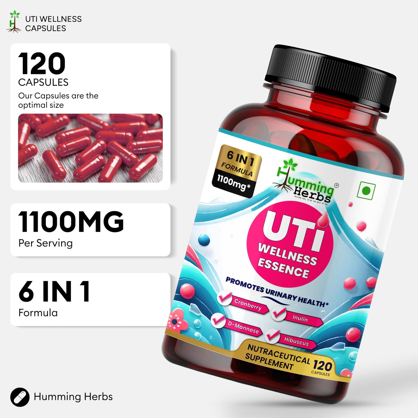 Humming Herbs D-Mannose & Cranberry Complex with Hibiscus, Inulin Prebiotic & Probiotics (Lactobacillus rhamnosus & L. reuteri), Capsules, 120