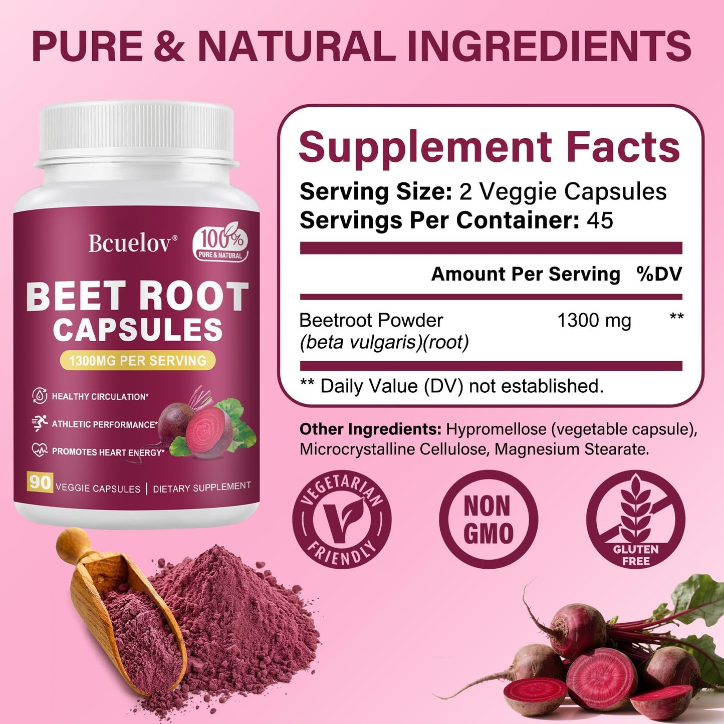 Bcuelov Beet Root Capsules 1300mg Pure Beetroot Powder - 90 Capsules