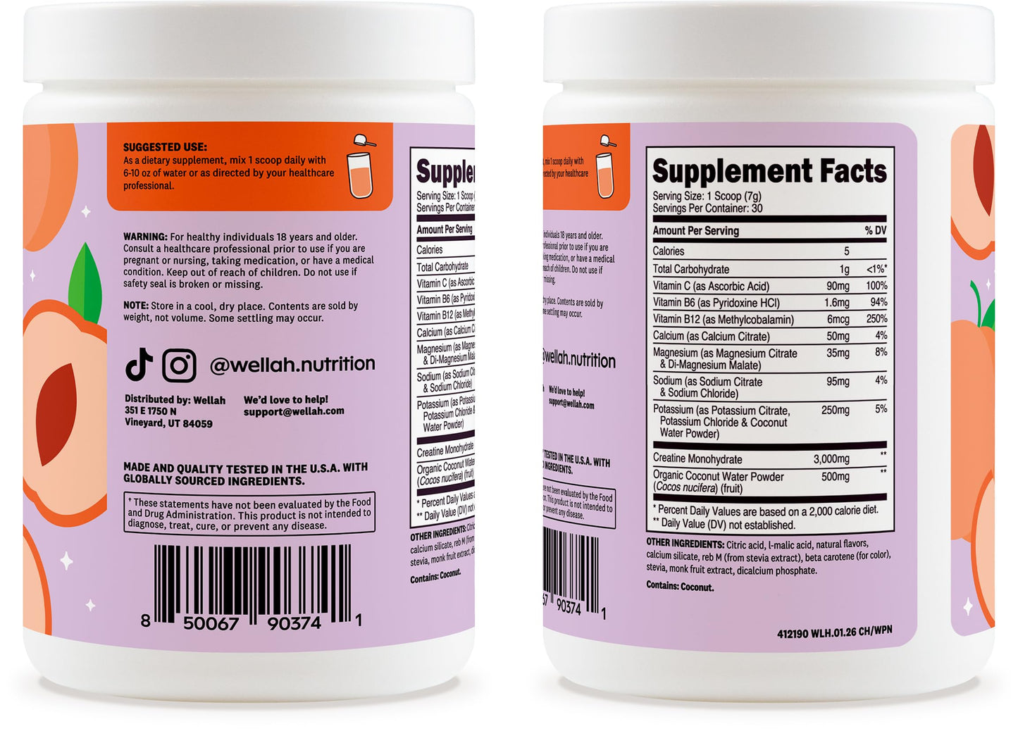 Wellah Creatine + Electrolytes Powder (White Peach Nectarine), 7.3 Ounce