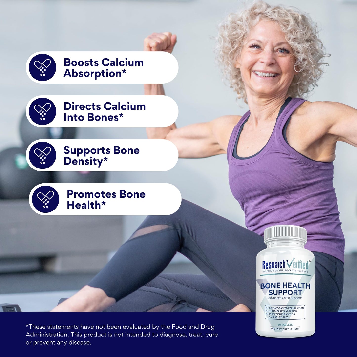 Research Verified Bone Health Support Tablet, Triple Calcium Complex with Vitamin D3, Vitamin K2, Soy Isoflavones, BioPerine, 60 Tablets
