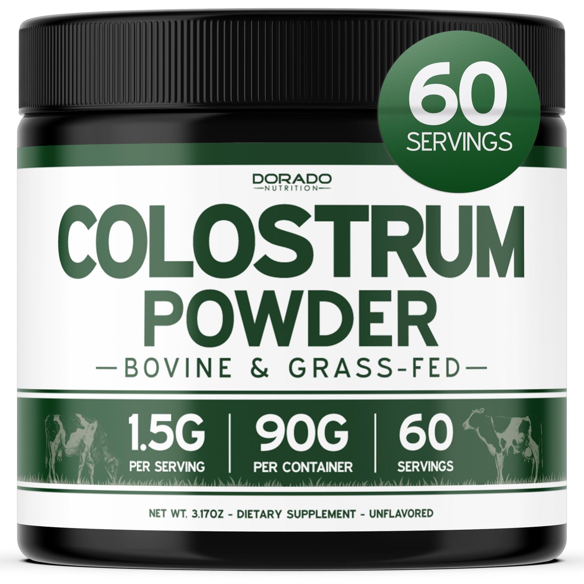 DORADO NUTRITION Colostrum Supplement Powder 3.17 oz, 60 Servings of 1.5 g Pure Bovine Colostrum 20% IgG, Grass Fed, No Fillers, Third Party Tested, Unflavored, Non-GMO