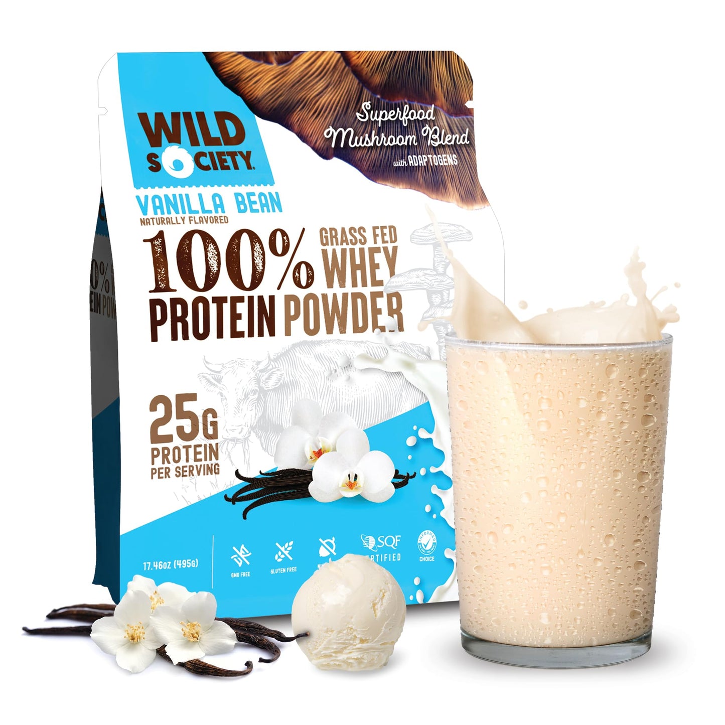 WILD SOCIETY Premium 100% Grass Fed Whey Protein Powder Vanilla Bean, 17.5 oz