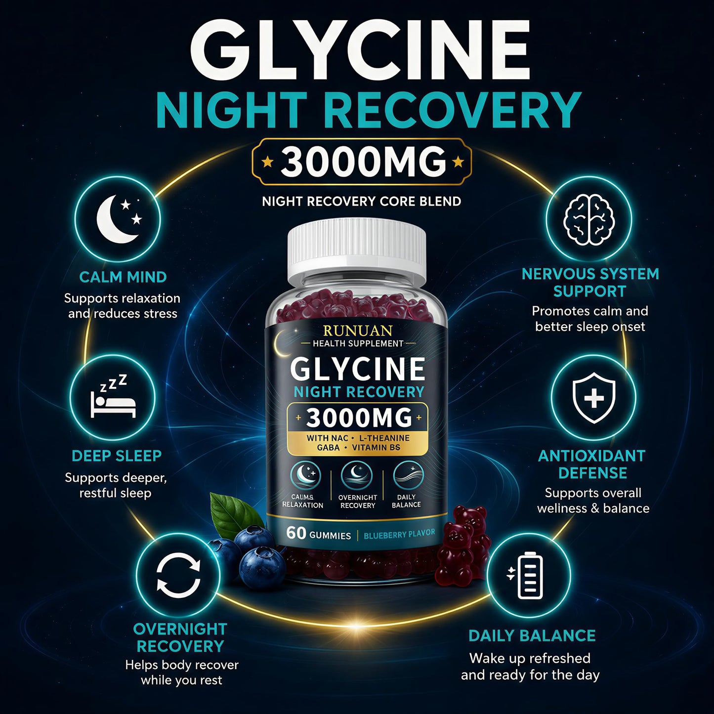 RUNUAN Glycine Gummies 3000mg Sleep Support with NAC, L-Theanine, GABA & B6, 60 Gummies