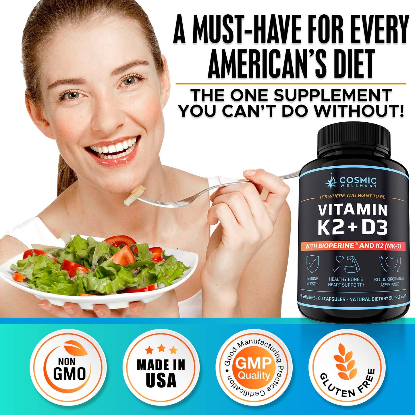 COSMIC WELLNESS K2 D3 Vitamin Supplement 5000 IU Capsules, 60 Count
