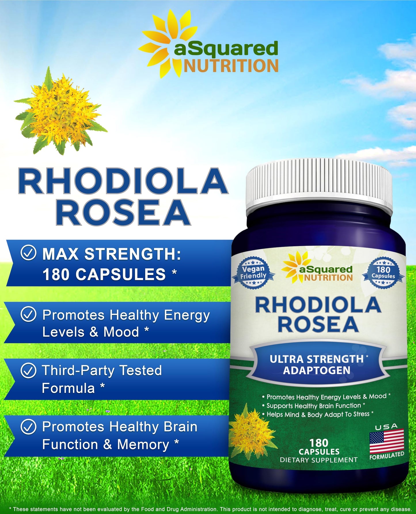 aSquared Nutrition Rhodiola Rosea Supplement 1000mg Per Serving Capsules, 180 Count