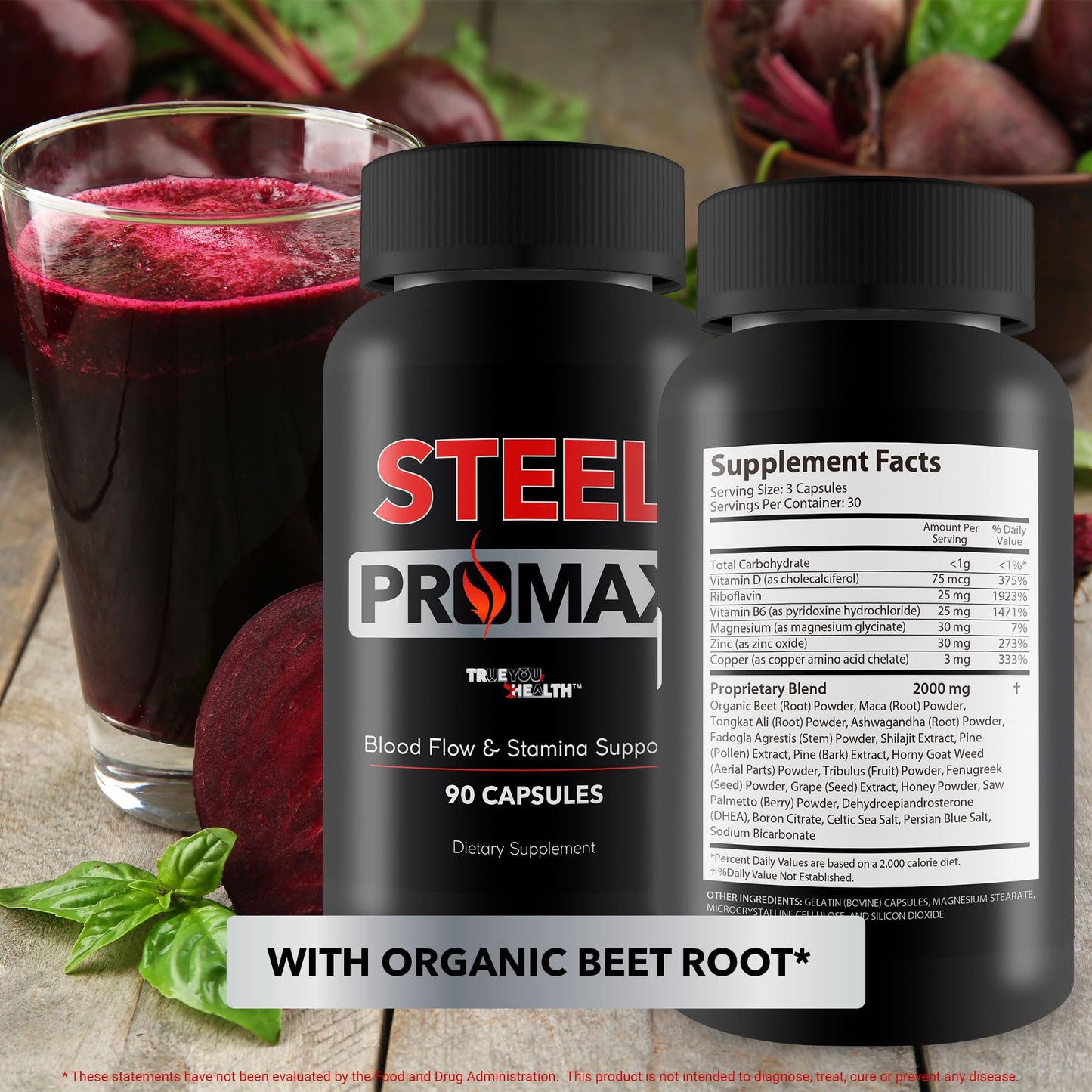True You Health Steel Promax Extra Strength Stamina & Blood Flow Pills for Men Nitric Oxide Booster Steel Power Supplement Max Steelpower Male, 90 Capsules
