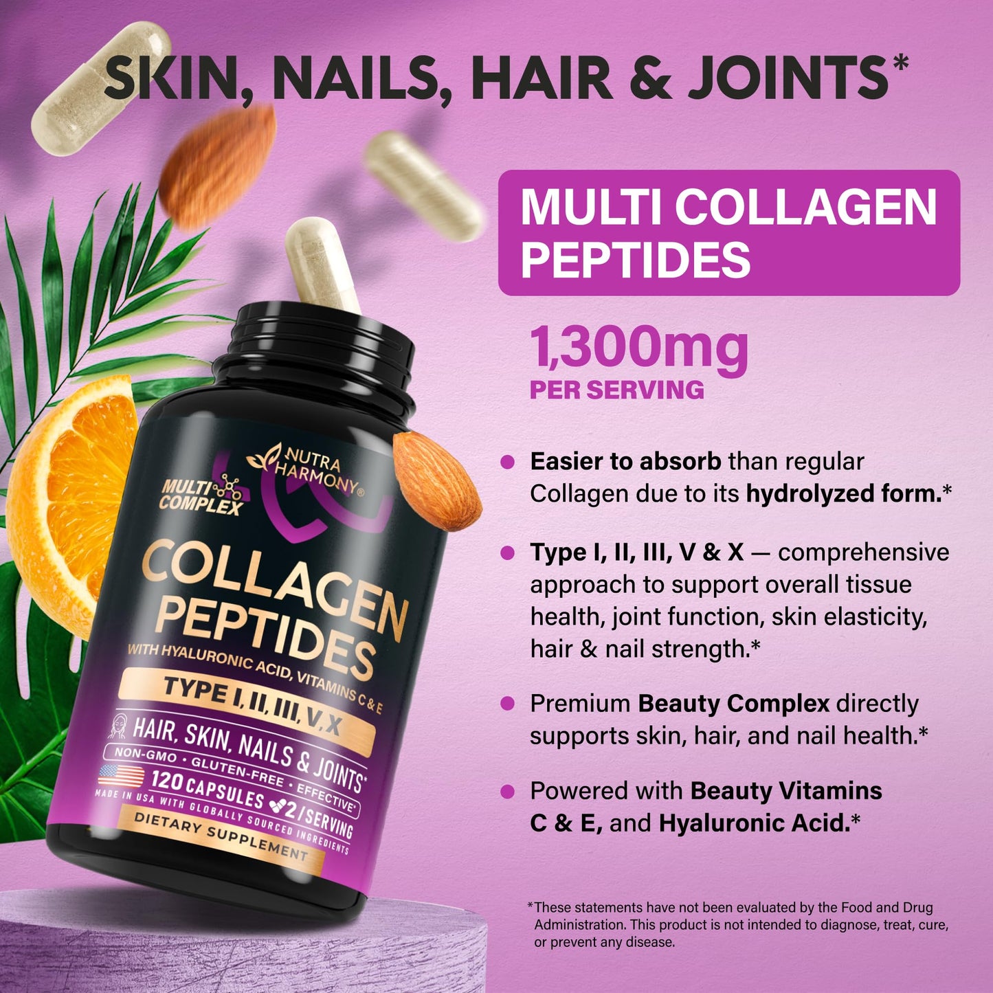 NUTRAHARMONY Multi Collagen Peptides 1300mg Hydrolyzed Types I II III V & X, 120 Capsules