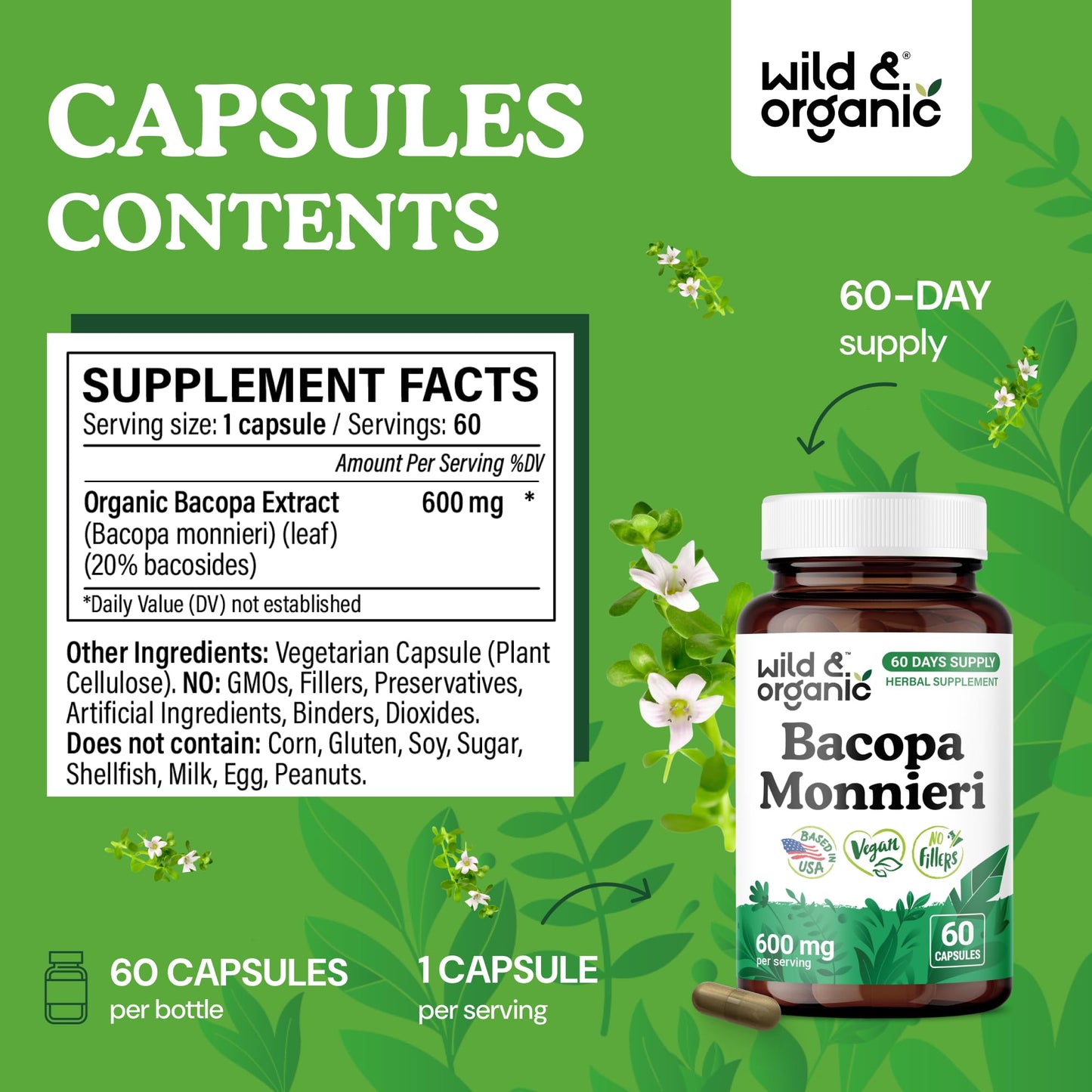 Wild & Organic Bacopa Monnieri 600 mg Capsules, 60 Count