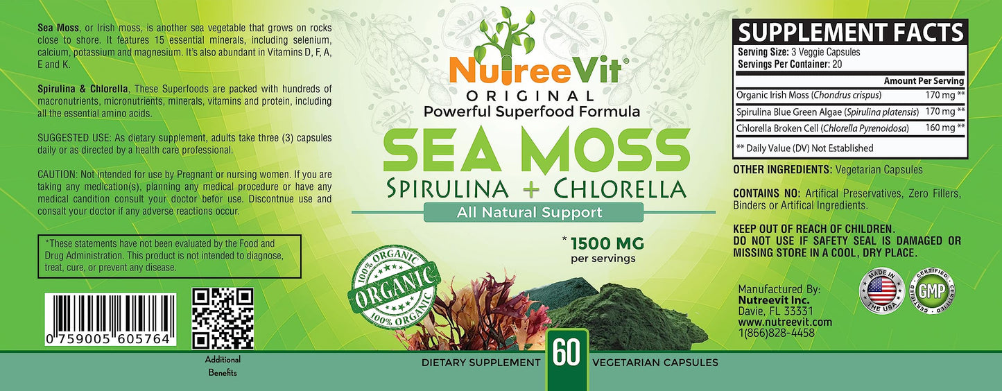 NutreeVit 100% Organic Sea Moss Spirulina Chlorella Capsules 1 Count