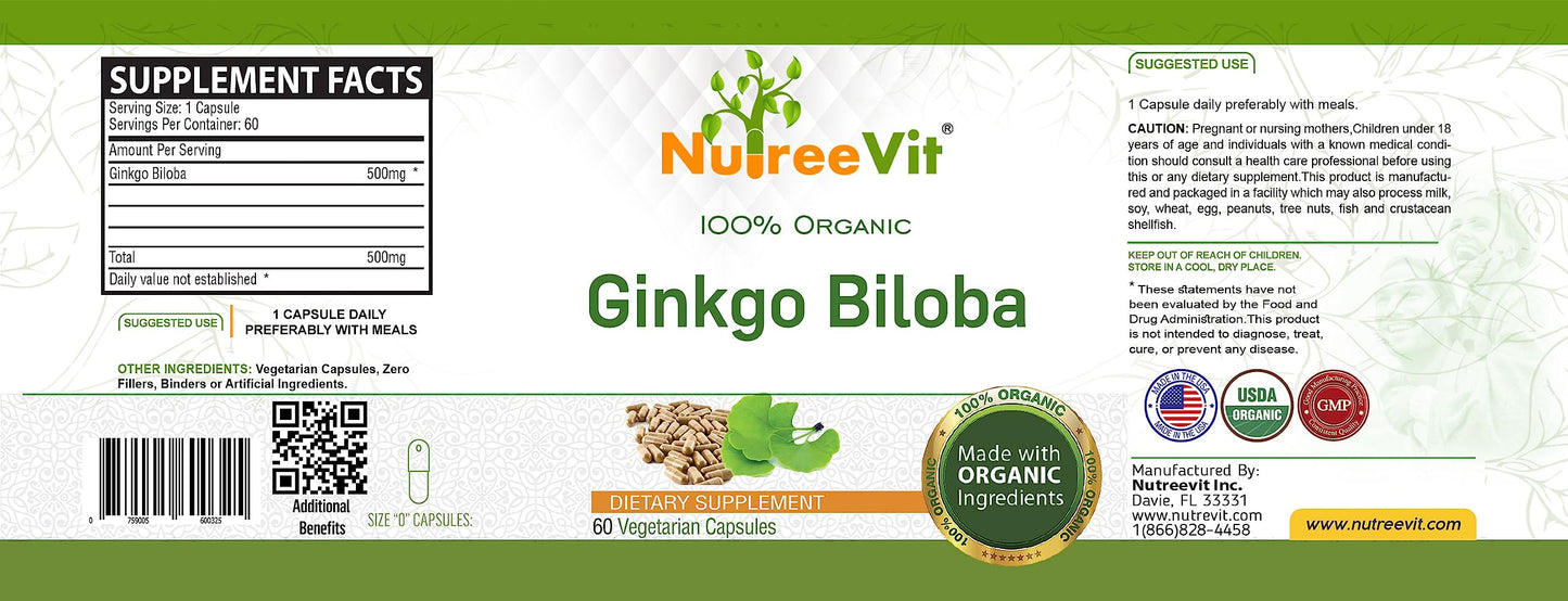 NutreeVit Ginkgo Biloba Herbal Supplement Capsules 1 Count