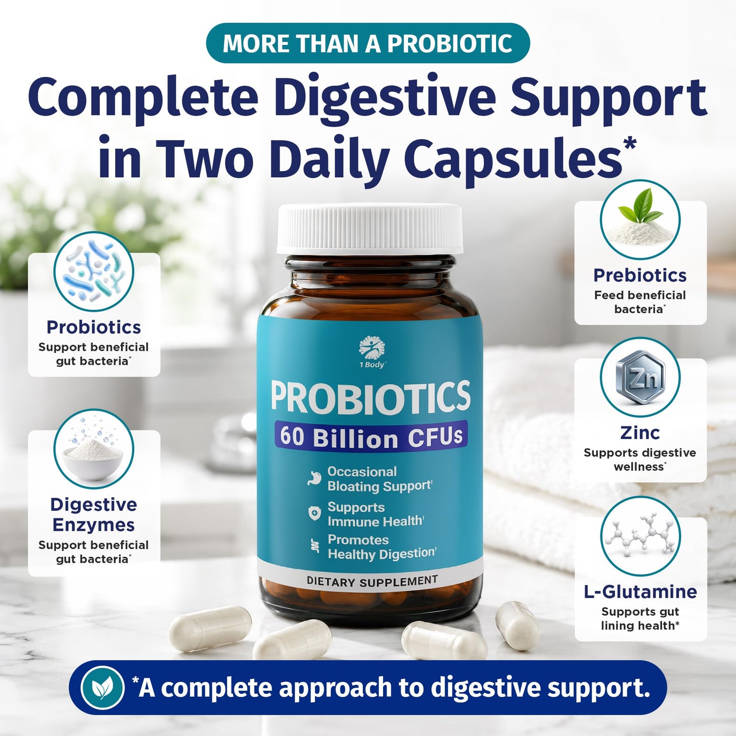1 Body Probiotic 60 Billion with Prebiotics & Enzymes Capsules, 60 Capsules