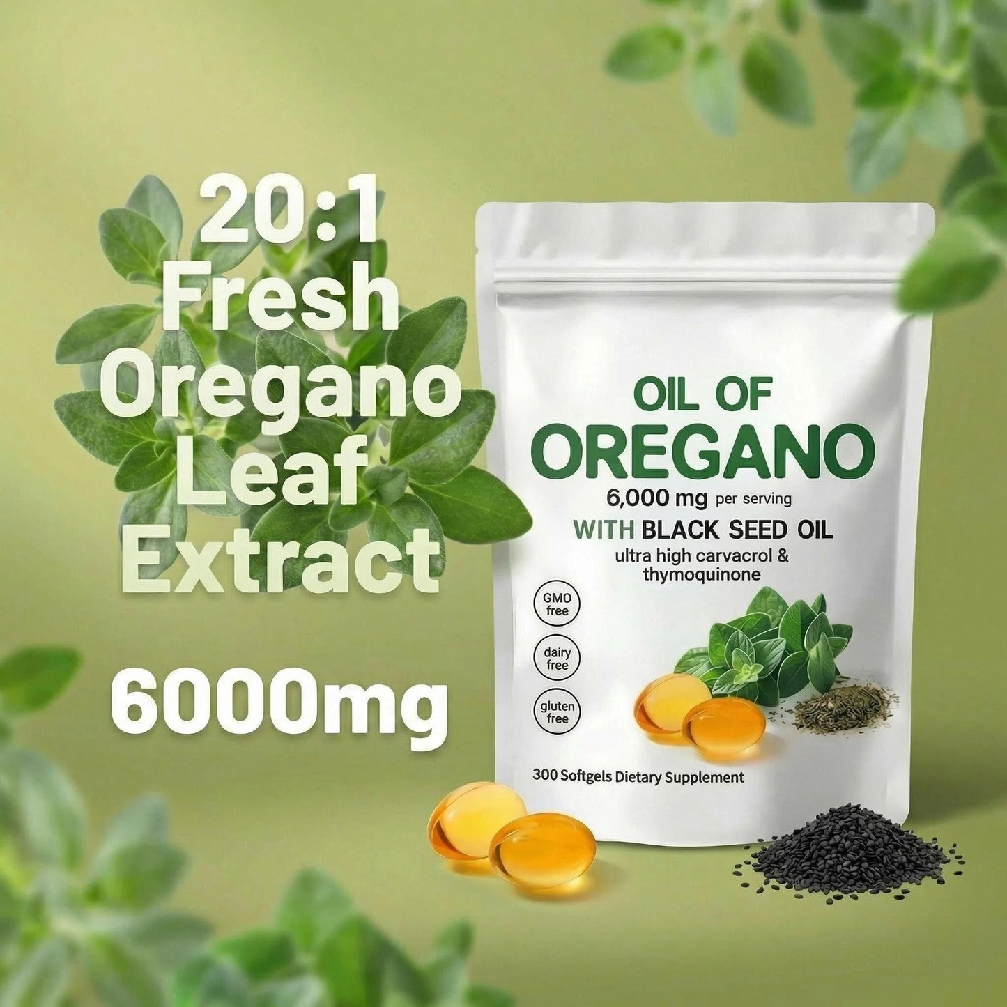 Biduka Oil of Oregano 6000mg with Black Seed Oil Softgels, 300 Count