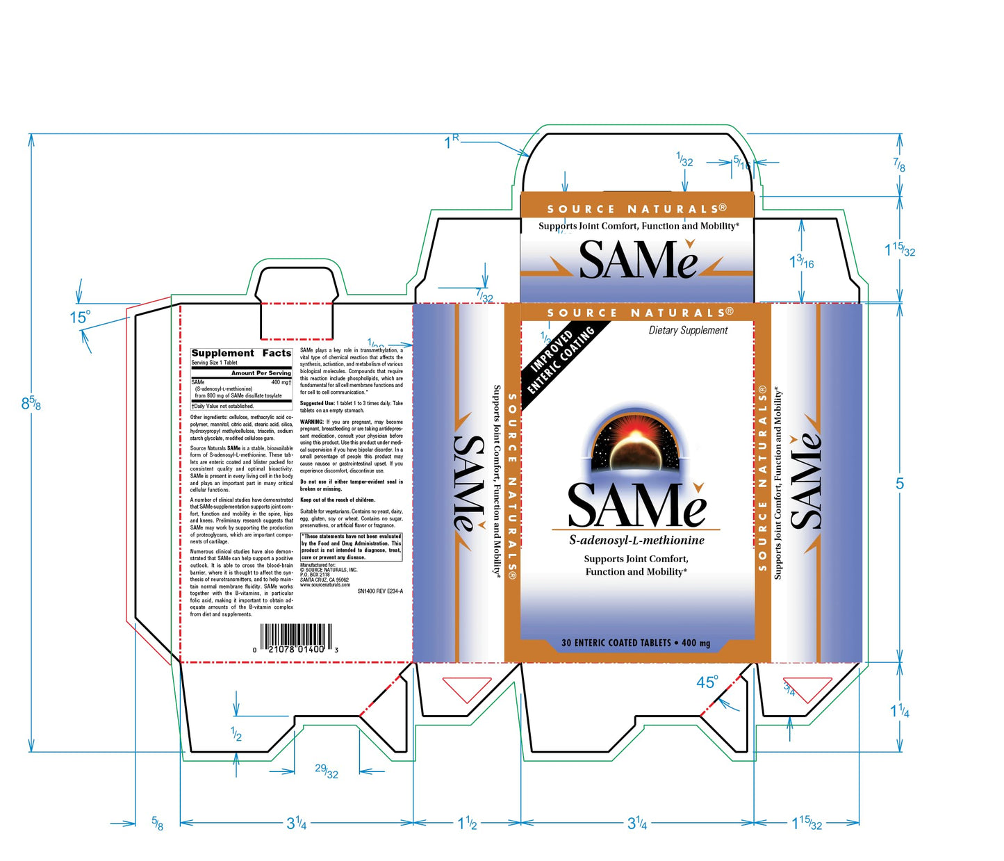 Source Naturals SAMe 400mg Enteric Coated Tablets, 30 Tablets