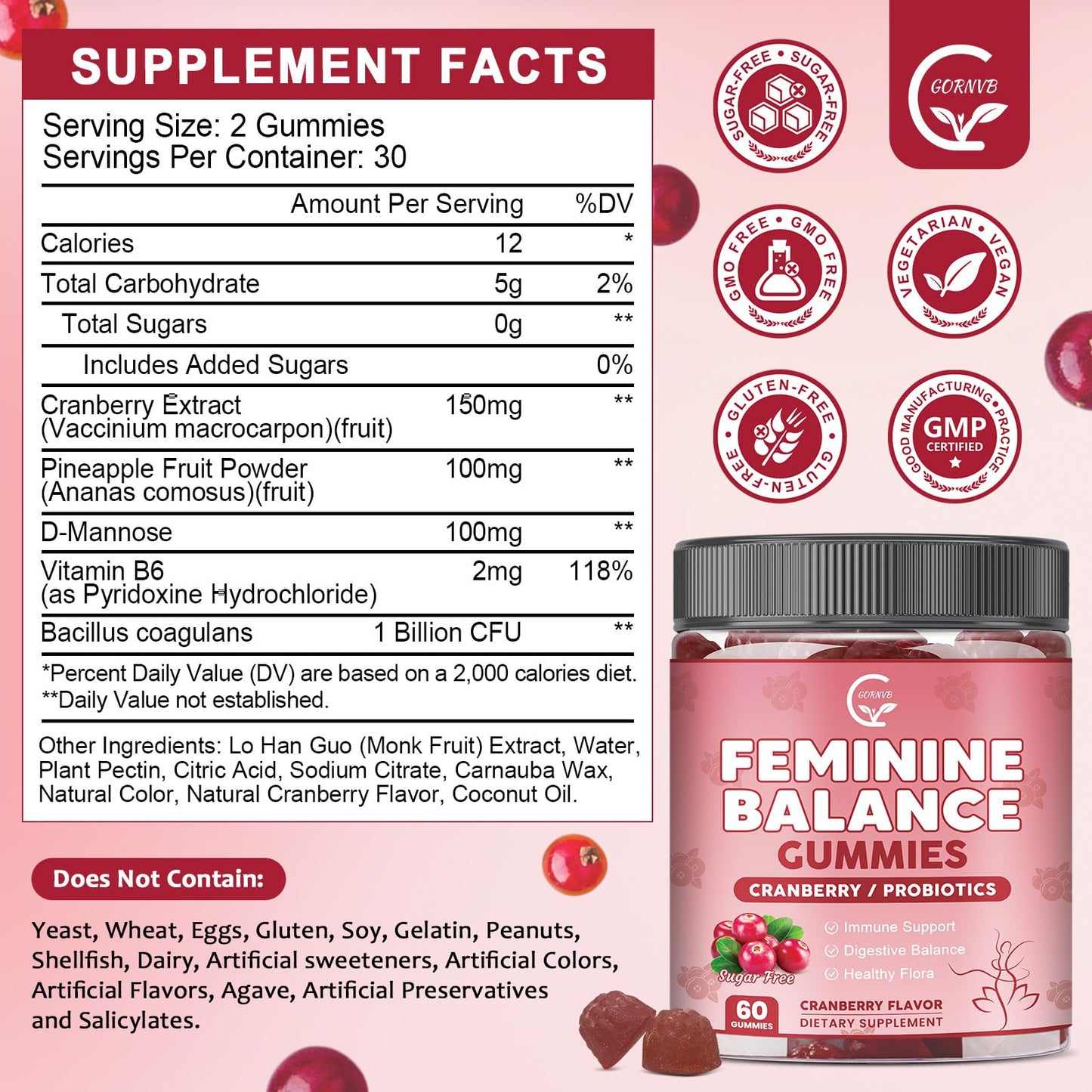 GORNVB Feminine Balance Gummies for Women, 60 Count
