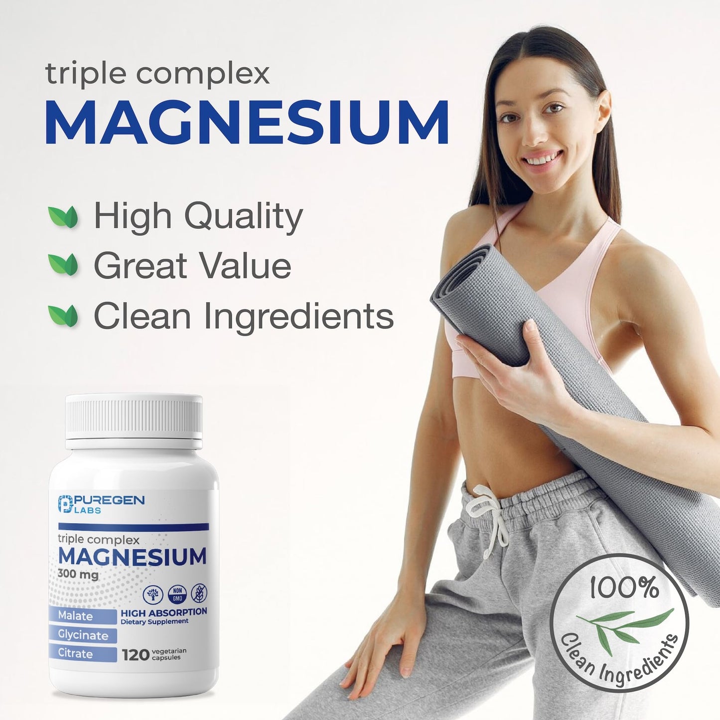 P Puregen Labs Triple Magnesium Complex 300mg Magnesium Glycinate, Malate & Citrate High Absorption Capsules, 120 Count
