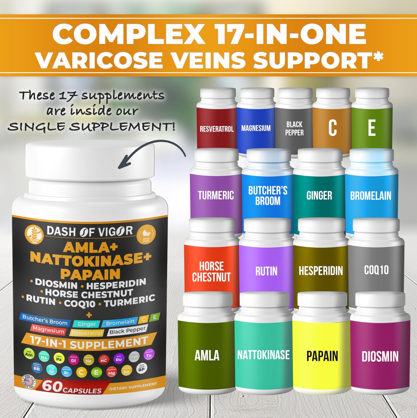 DASH OF VIGOR DOFV Amla Extract, Nattokinase, Papain, Diosmin, Hesperidin, Butchers Broom, Horse Chestnut, CoQ10, Turmeric, Vitamin C and Rutin, 60 Capsules