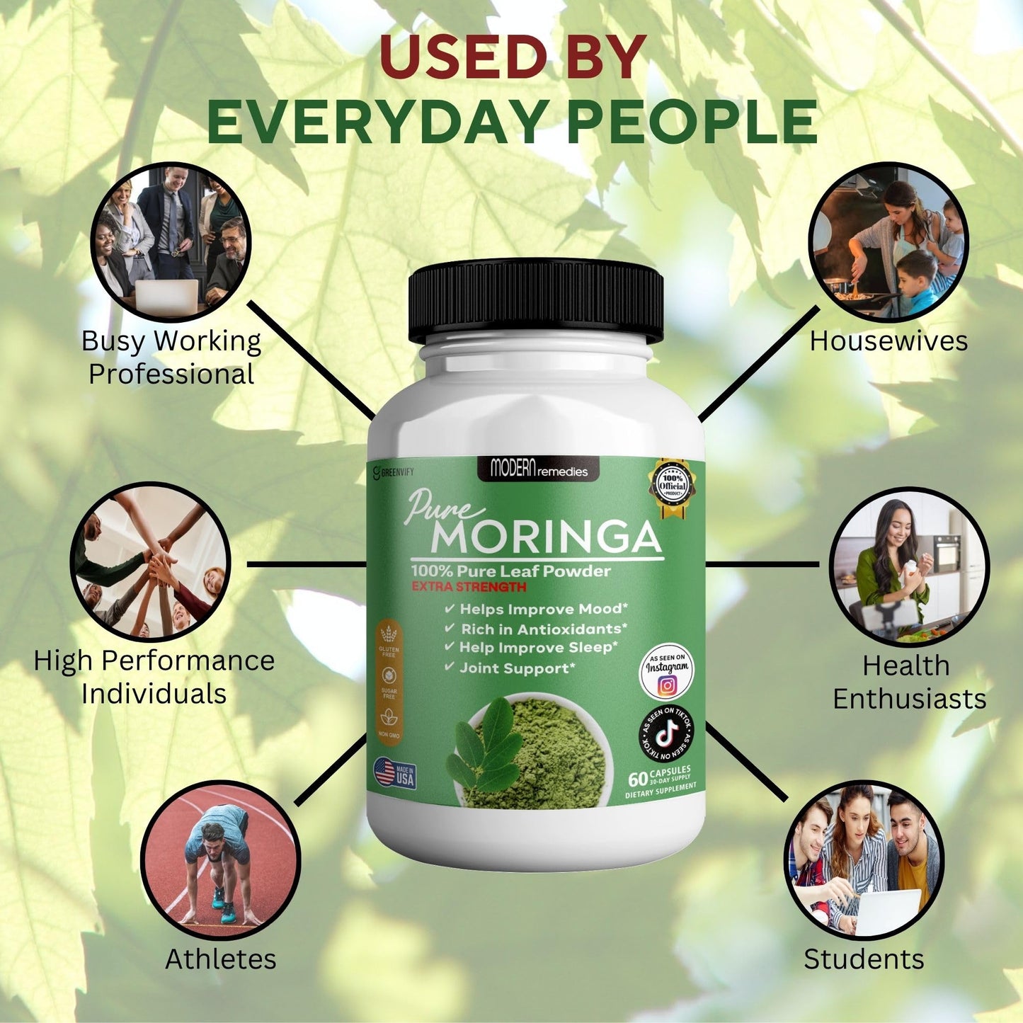 GREENVIFY Pure Moringa Max Leaf Powder Supplement 800mg Capsules, 120 Count