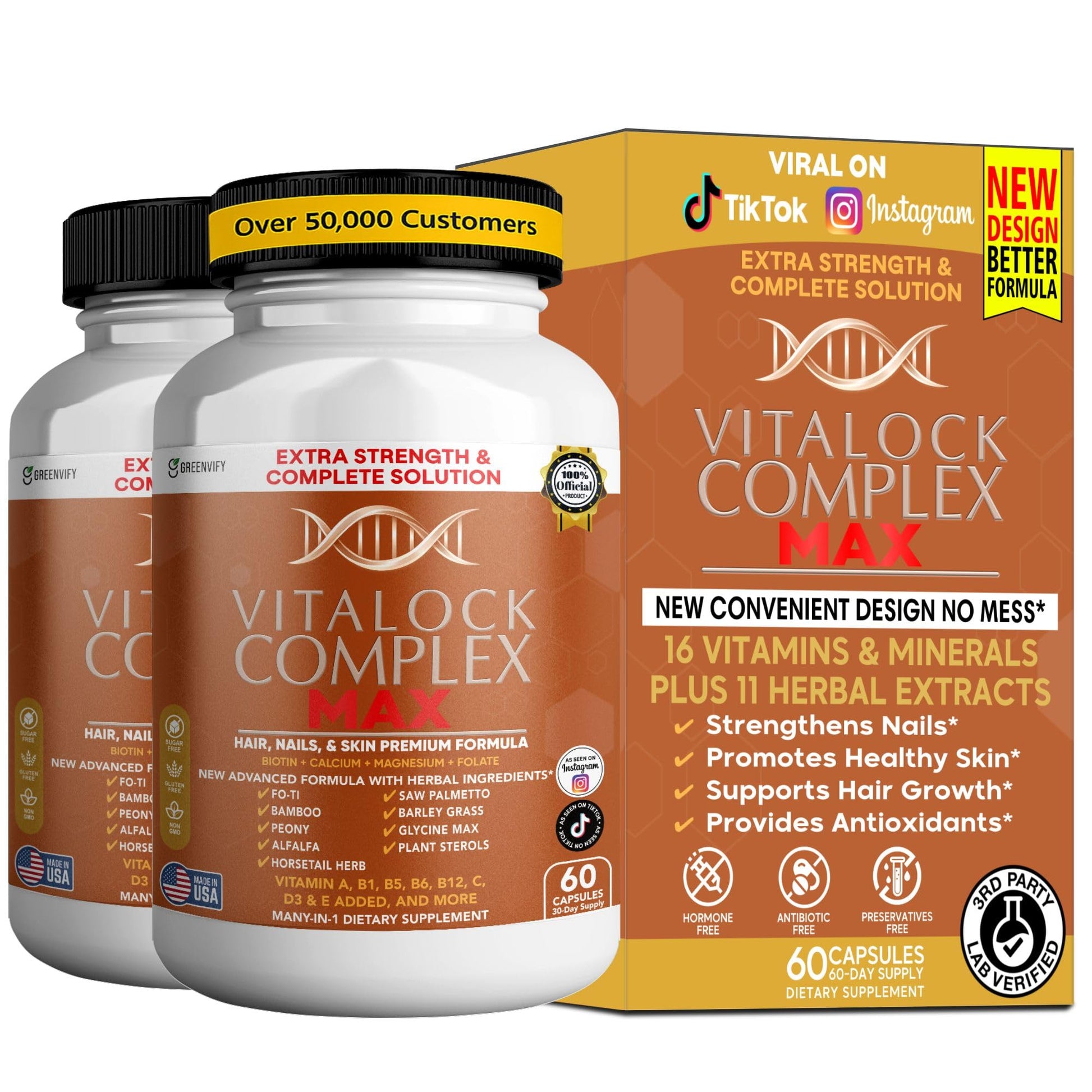 GREENVIFY Vitalock Complex MAX Hair, Nails & Skin Formula, Biotin, Folate, Vitamins A B C D E Capsules 60