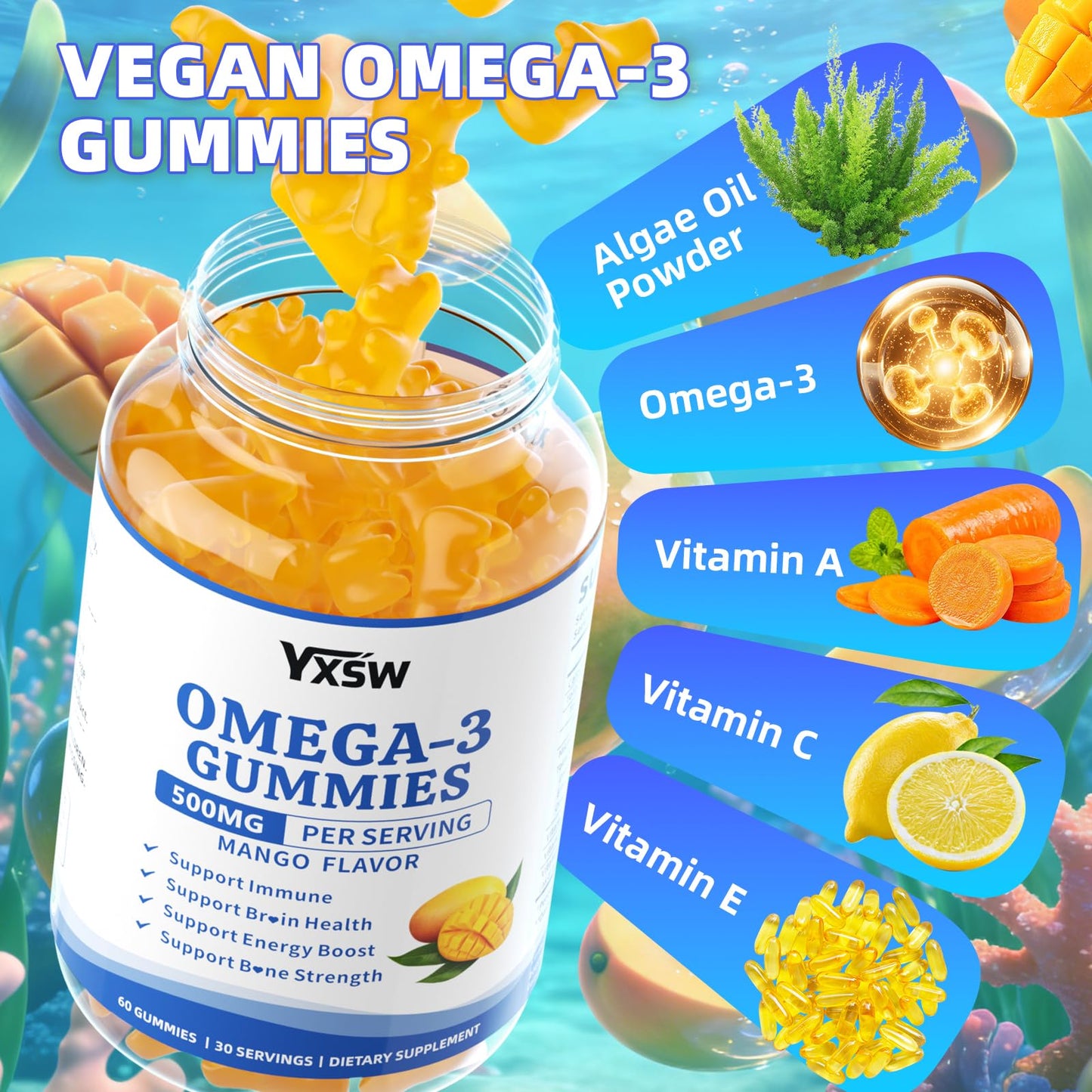 YXSW Vegan Omega-3 Gummies 500mg Gummy, 60 Count