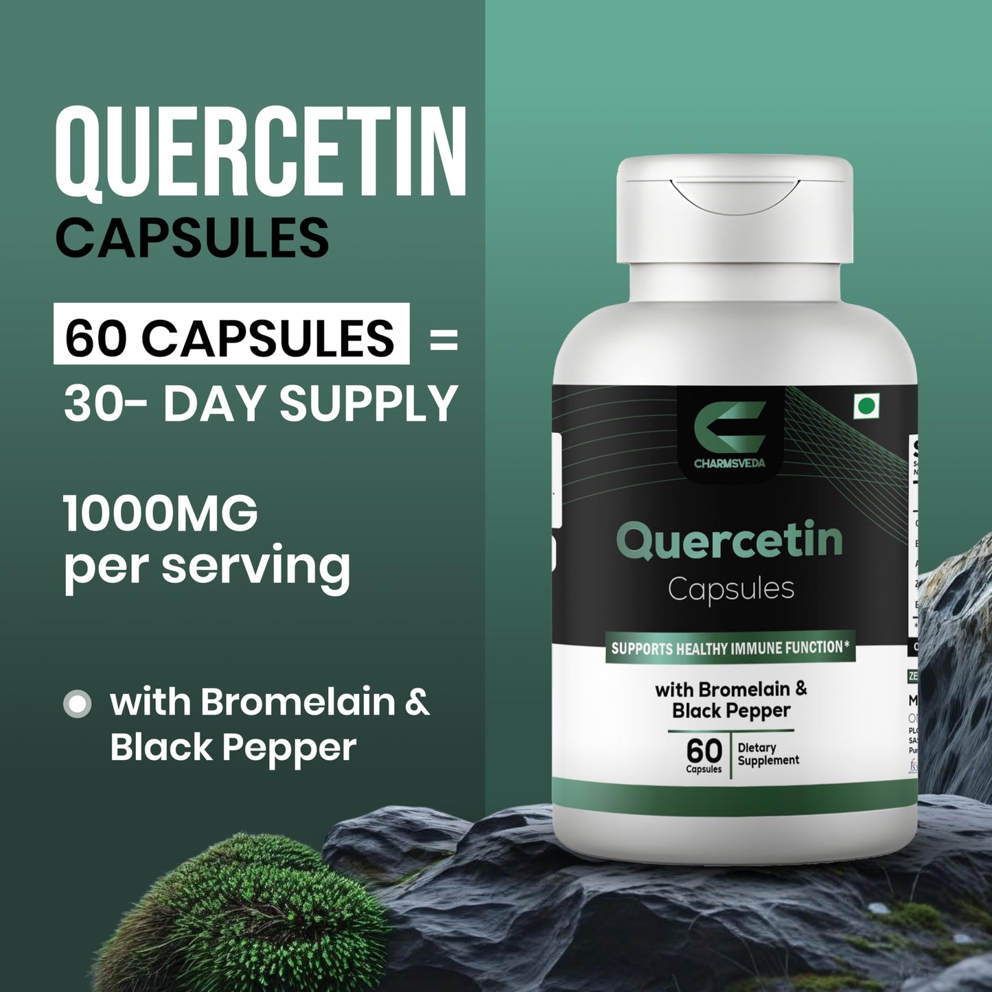 CHARMSVEDA Quercetin Capsules with Bromelain, Ashwagandha & Zinc – Herbal & Immune Support, Overall Wellness & Immune Support* – 60 Vegan Capsules