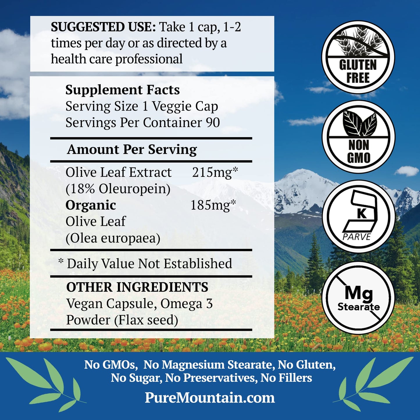 Pure Mountain Botanicals Olive Leaf Extract 400mg Capsules, 90 Count
