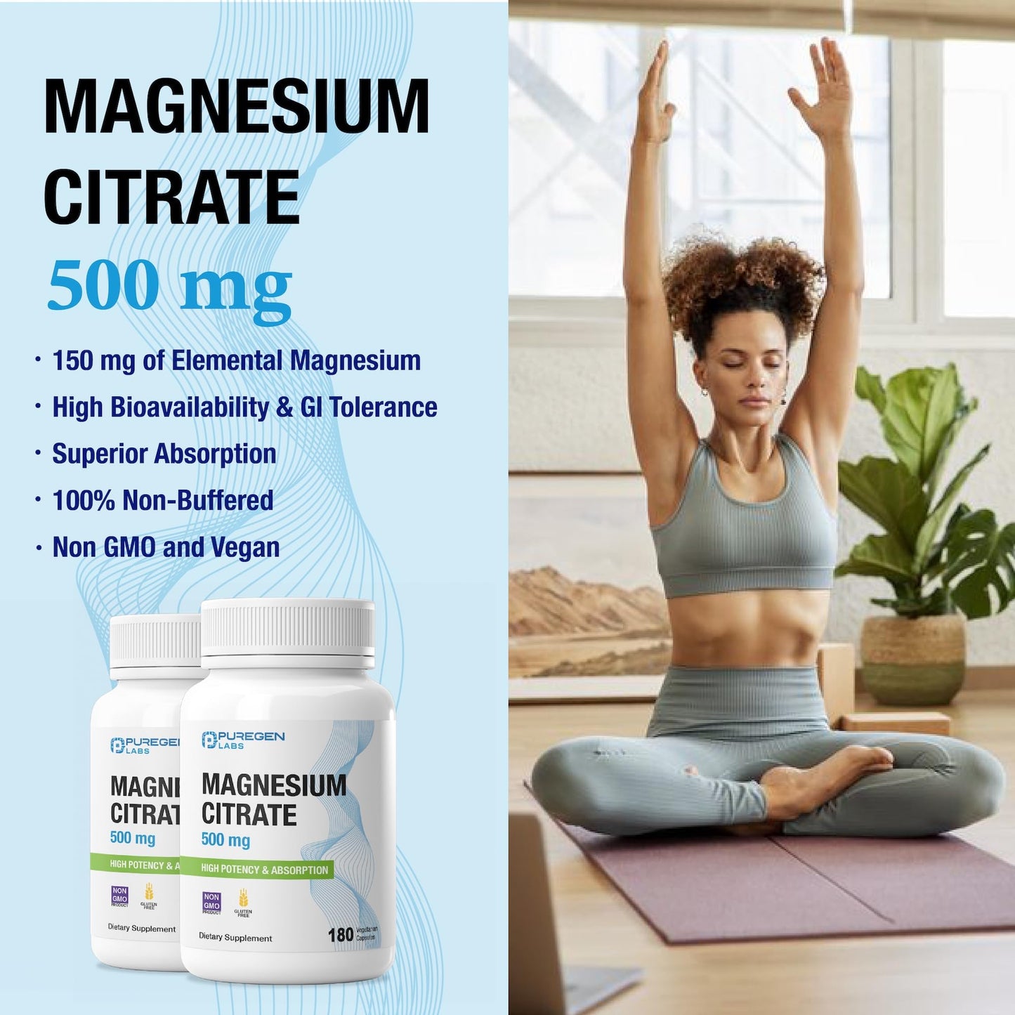 P Puregen Labs Magnesium Citrate 500 mg Capsule, 180 Count