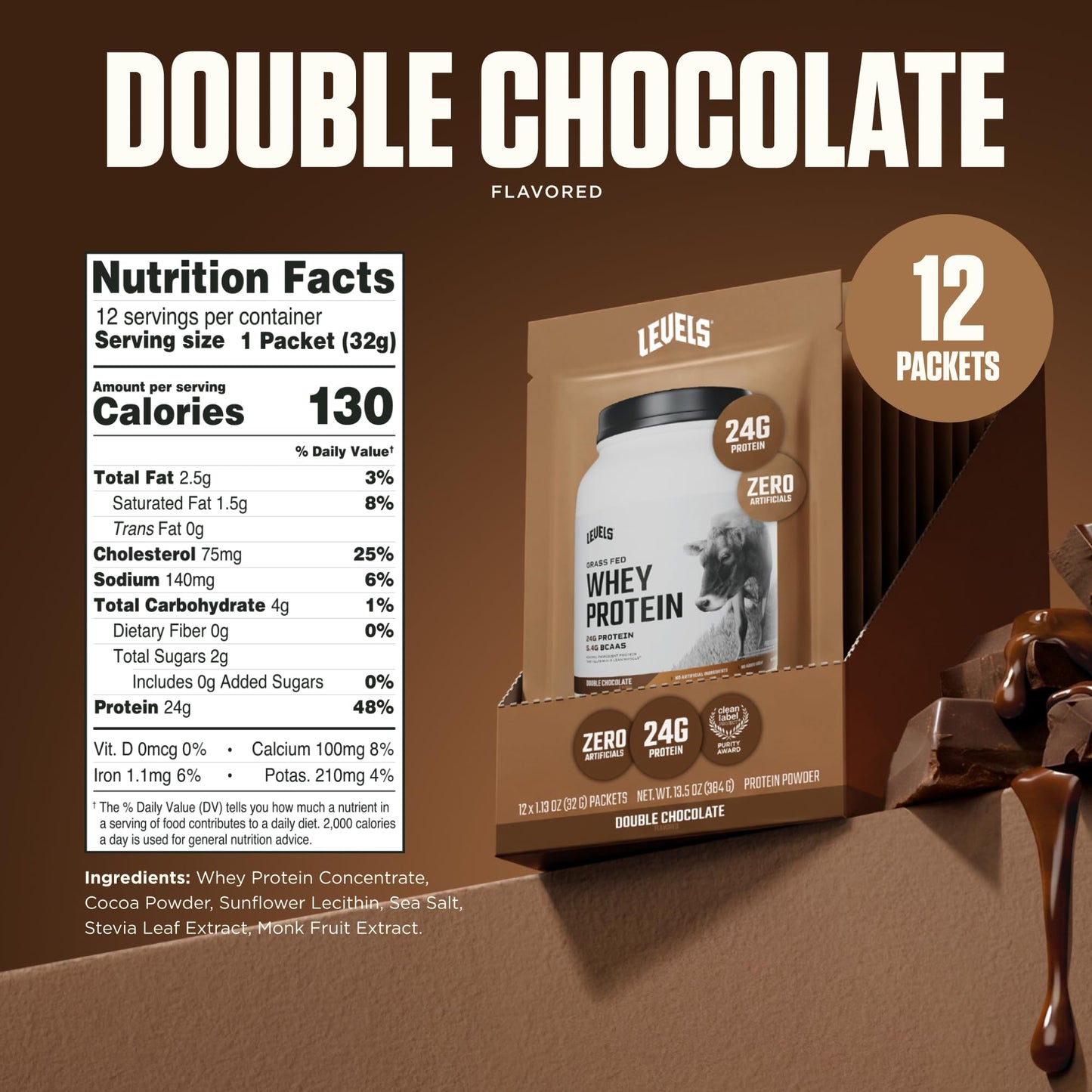 Levels Nutrition Whey Protein Powder No Artificials, Double Chocolate, 14 Count