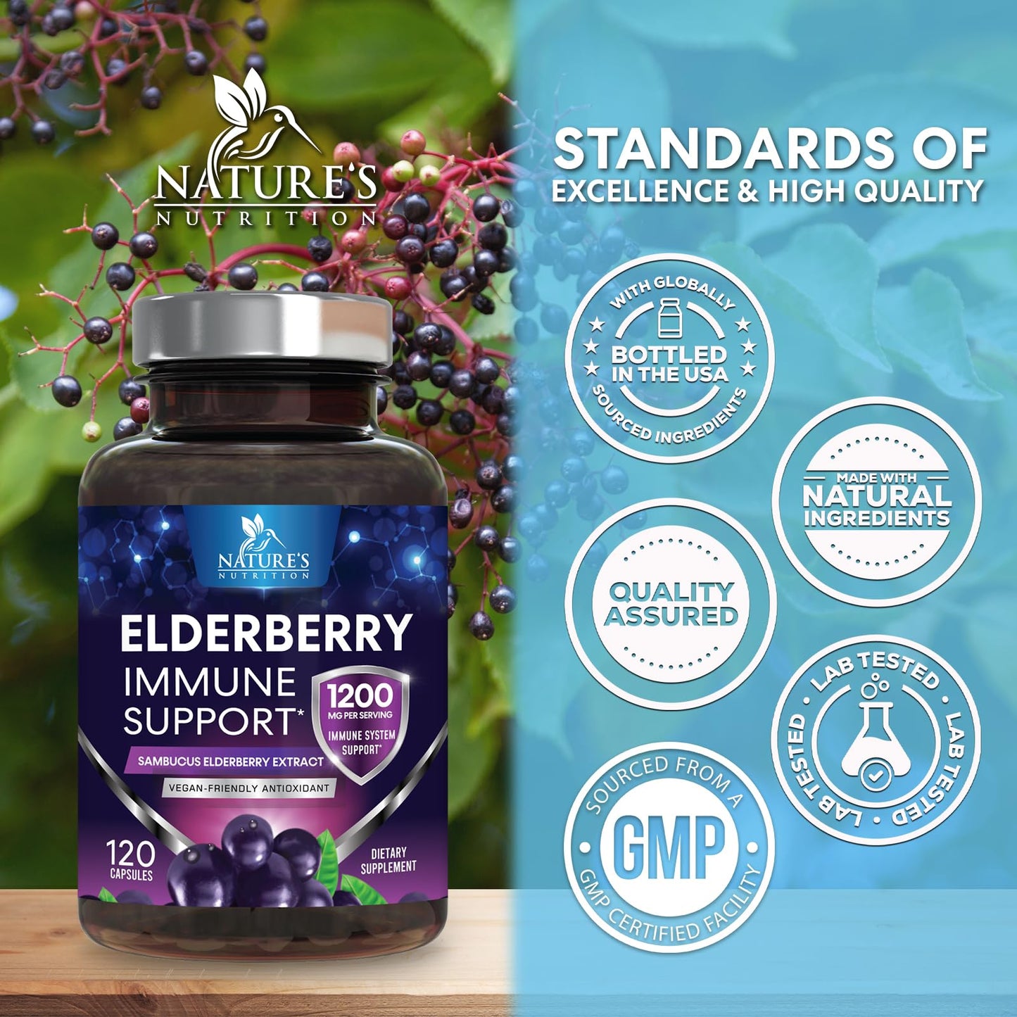 Nature's Nutrition European Elderberry Fruit Extract 1200mg Per Serving Capsules, 120 Capsules