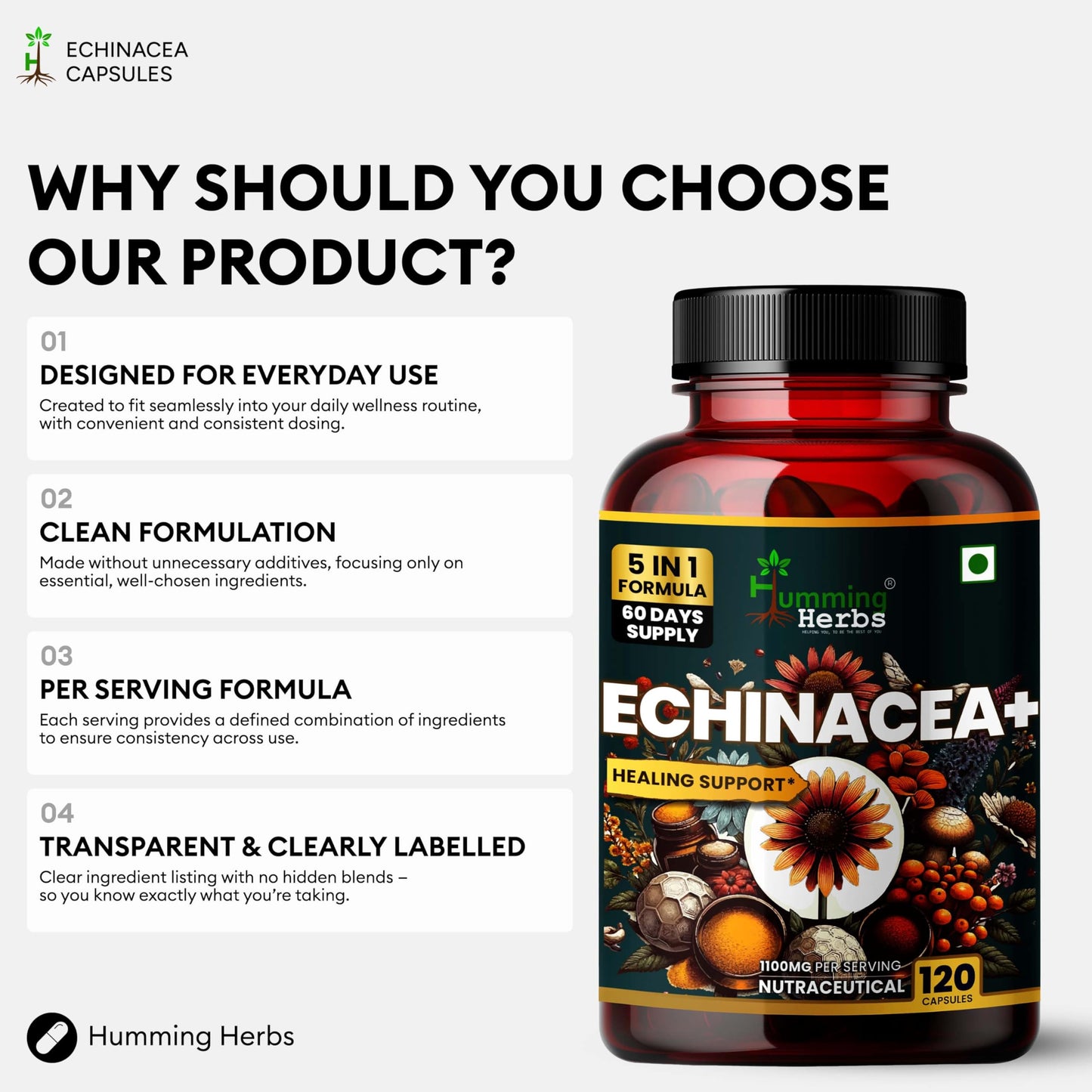 Humming Herbs Echinacea Complex with Tulsi (Holy Basil), Quercetin, Vitamin C & Zinc Capsule, 120 Count