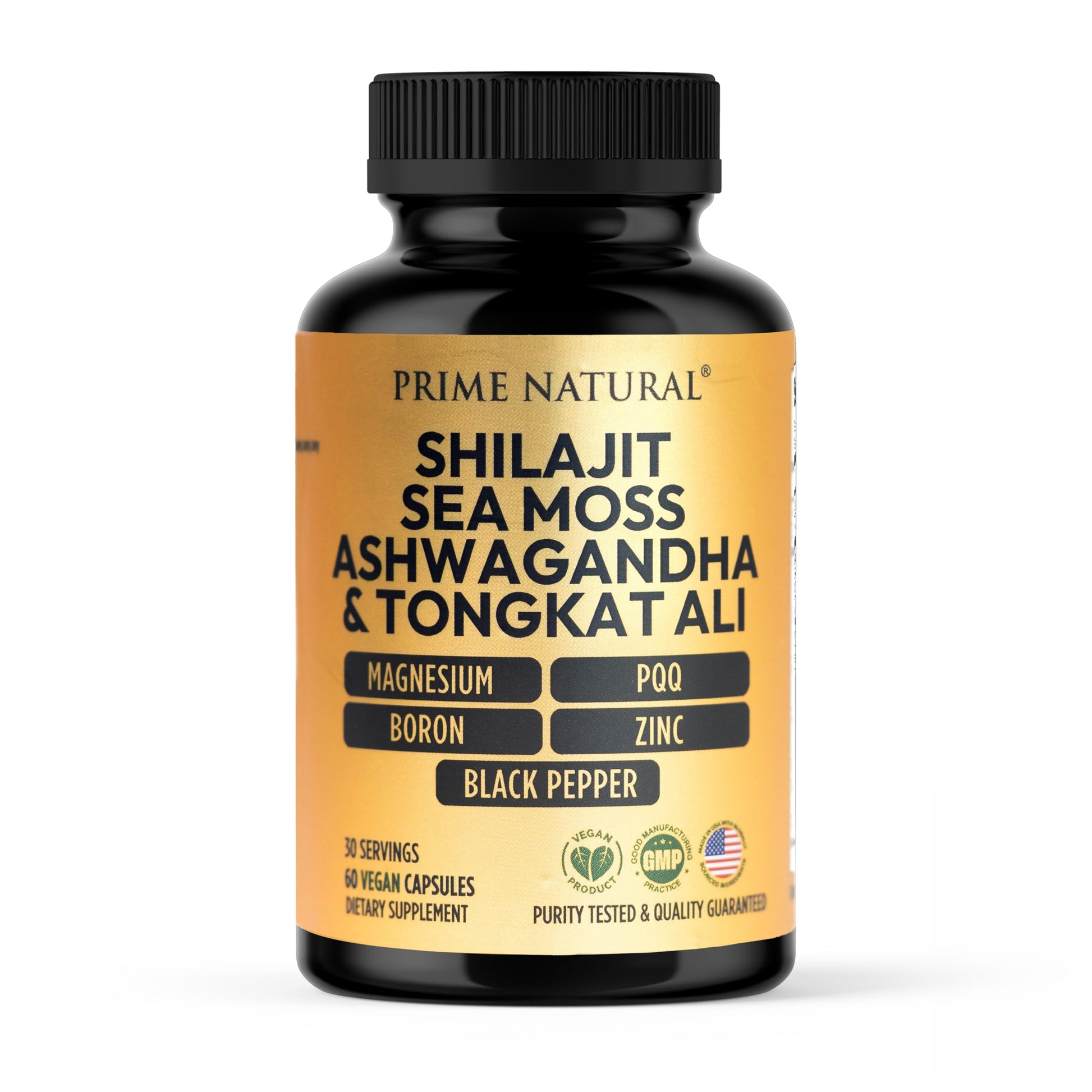 Prime Natural Shilajit 1000mg, Irish Sea Moss 100mg, Ashwagandha 100mg, Tongkat Ali, Boron, Magnesium, PQQ & More Capsule, 60 Capsules
