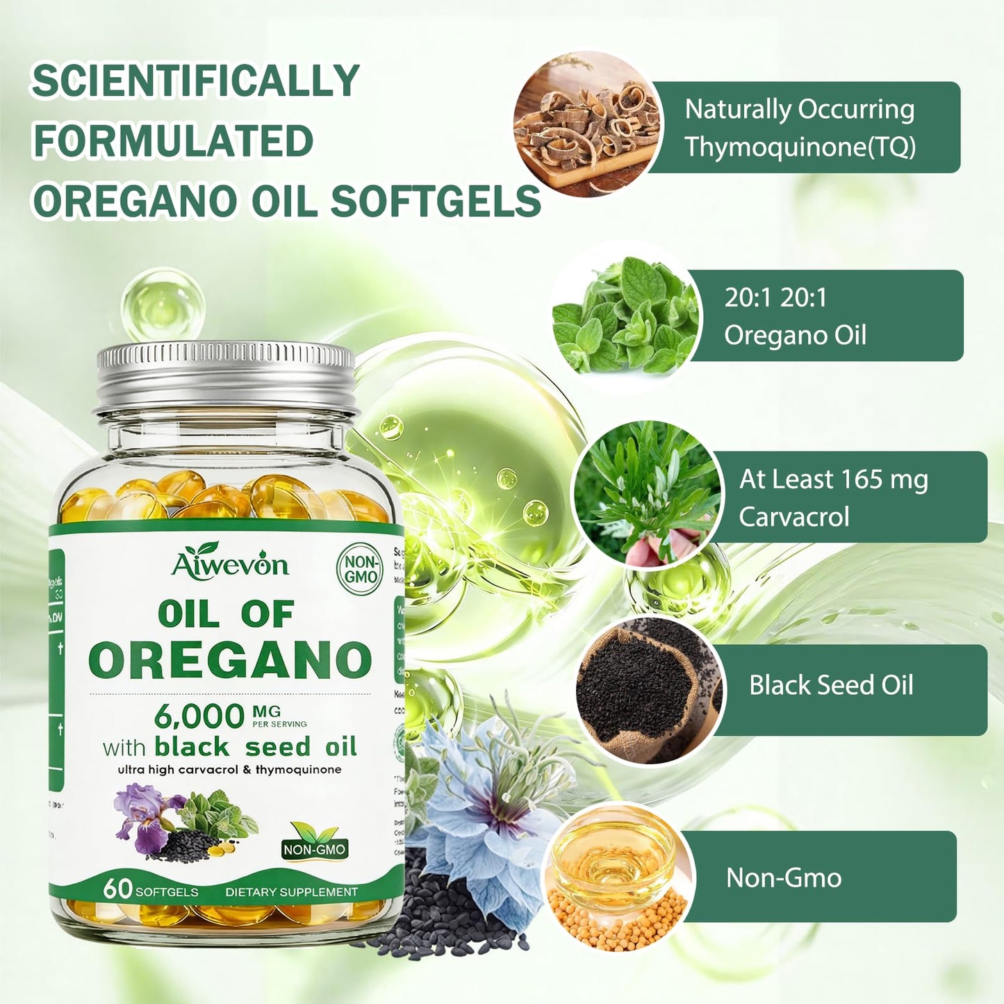 Aiwevon Oil of Oregano with Black Seed Oil, Carvacrol & Thymoquinone Softgels 60 Count