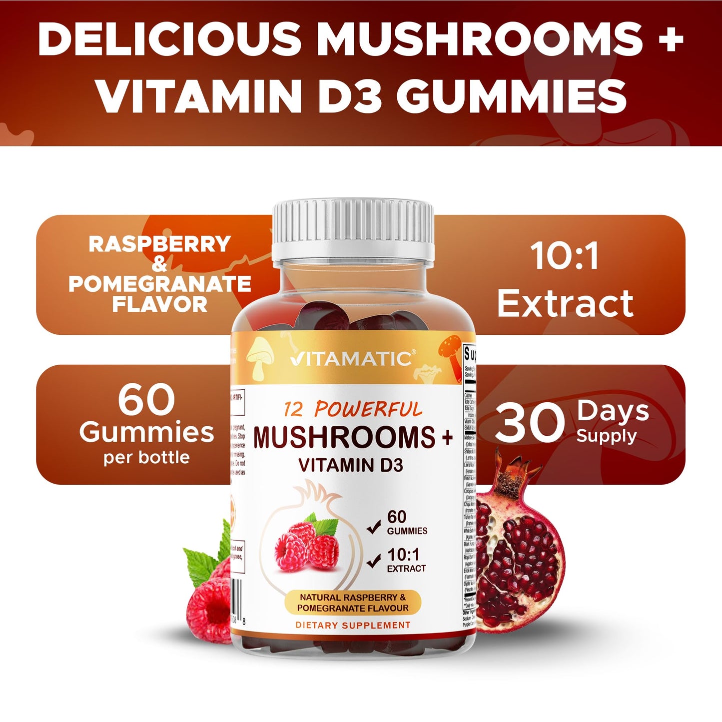 Vitamatic Mushroom Complex Gummies with D3 – Plant-Based Botanical Extract – Pectin-Based, Non-GMO – Herbal Supplement Gummies, 60 Count