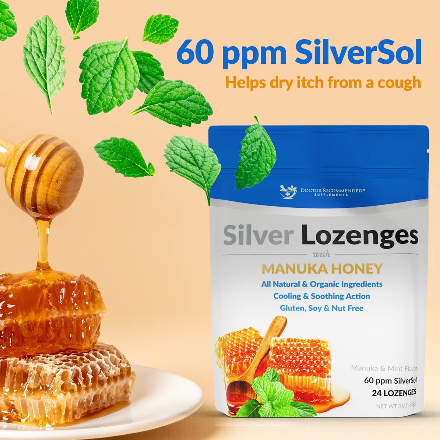 DOCTOR RECOMMENDED SUPPLEMENTS Silver Lozenges with Organic Manuka Honey and Vitamin C All-Natural Nano Silver 45-50mcg of 60 PPM Colloidal Mineral Drops to Support Immune System, Soothe, Cool Cough & Throat 144 Lozenges