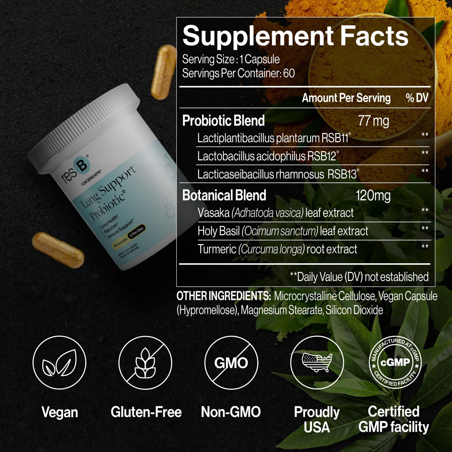 ResBiotic ResB Lung Support Probiotic Supplement Capsules, 60 per bottle