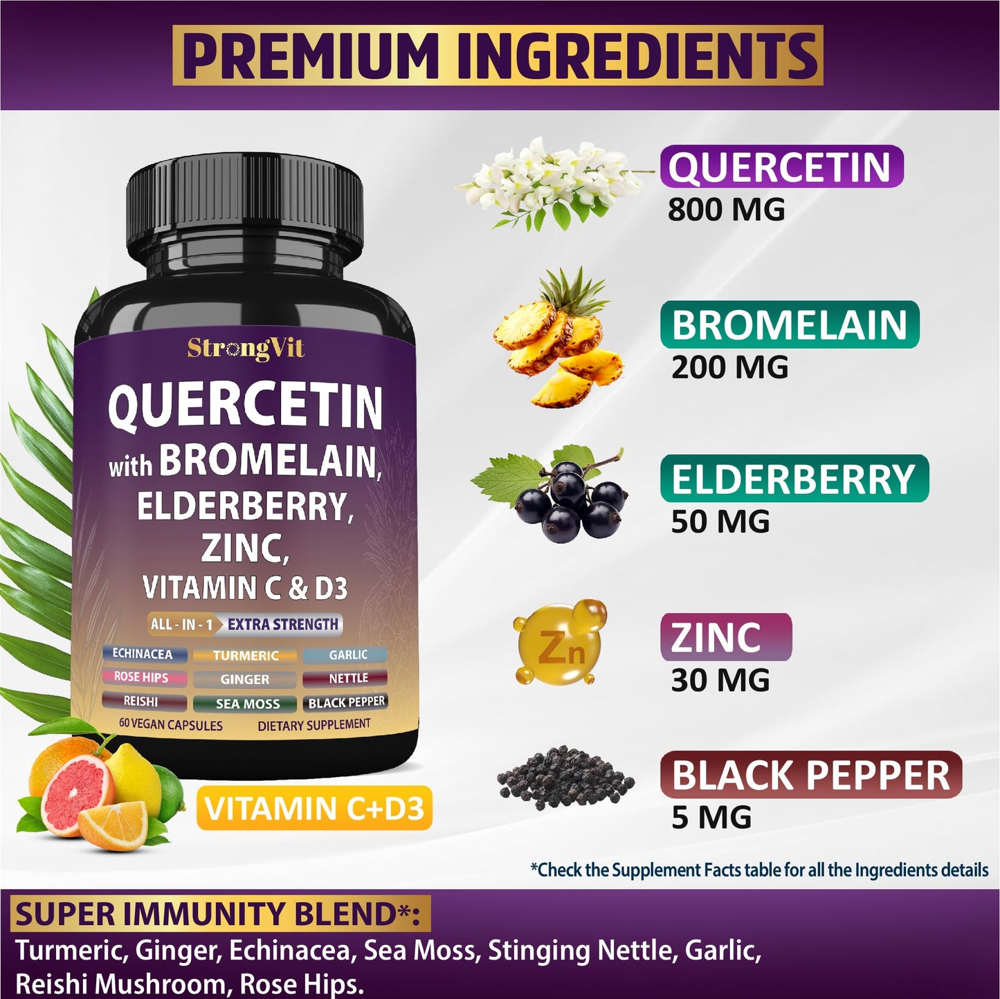StrongVit Quercetin with Bromelain, Elderberry, Vitamin C, D3 and Zinc 60 Capsules