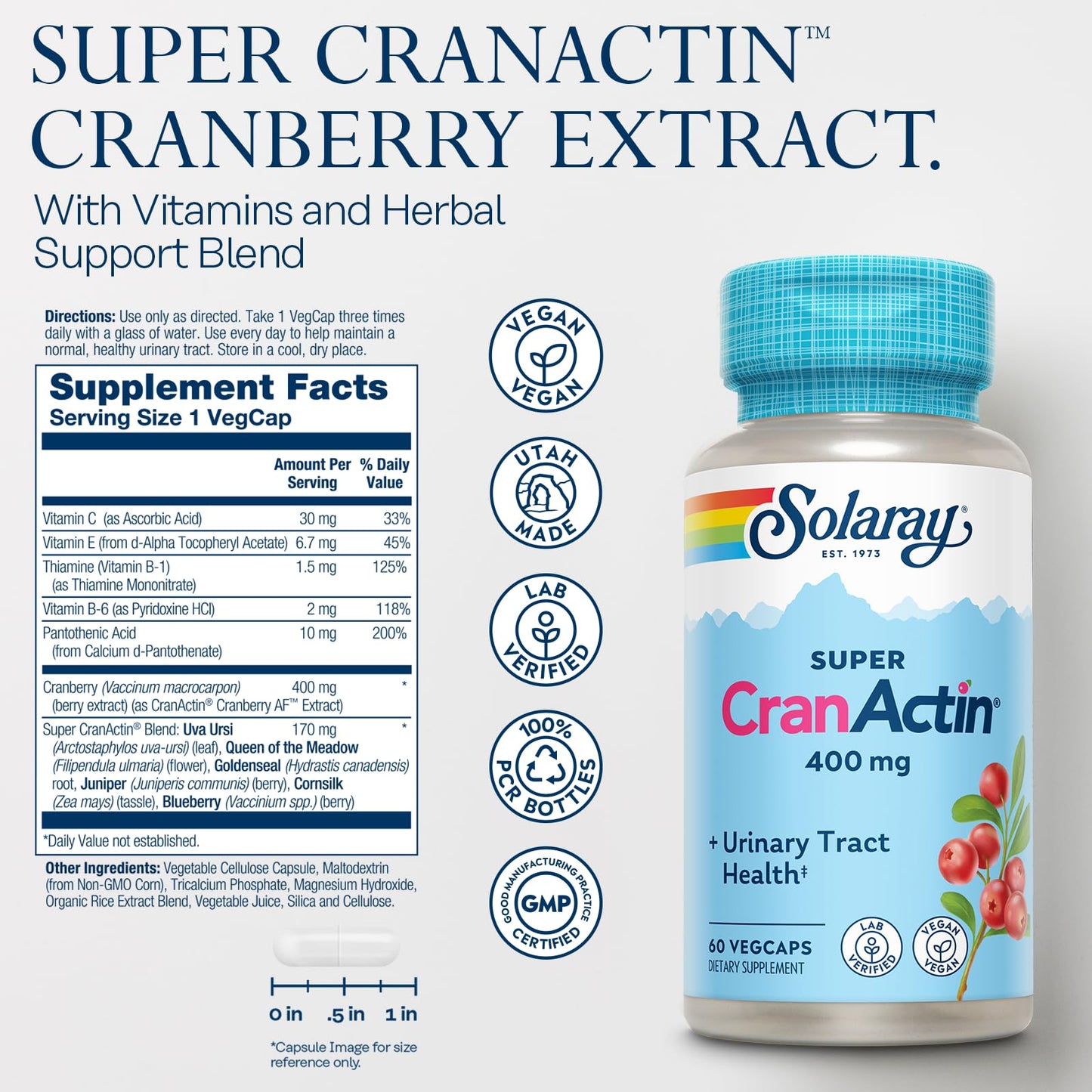 SOLARAY Super CranActin Cranberry Extract 400mg Capsules, 60 Count