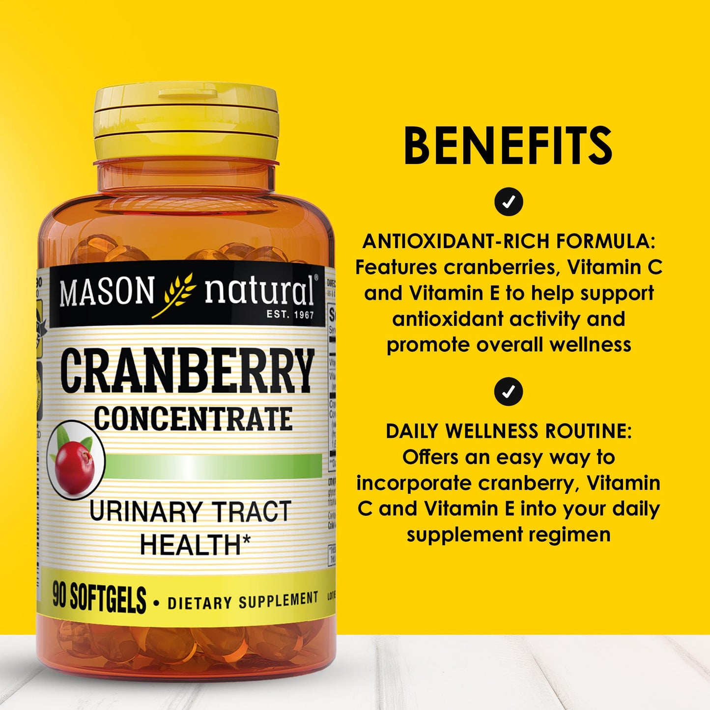 Mason Natural Cranberry 12:1 Concentrate with Vitamin C & E, Supports Immune & Urinary Health, 90 Softgels
