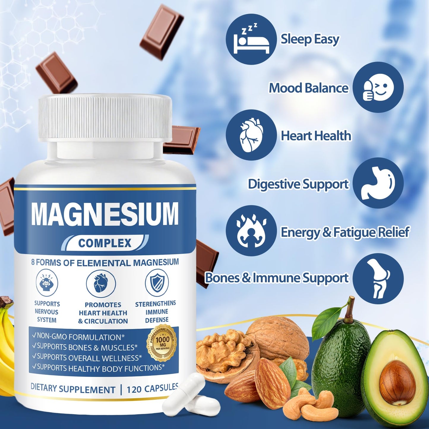 BOSNETHUINH Magnesium Complex 1000mg 8 in 1 for Women & Men – Magnesium Glycinate, Citrate, Malate, Taurate, Oxide, Carbonate, Aspartate, Orotate – Vegan Non-GMO, for Sleep, Fatigue & Heart Health, 120 Capsules