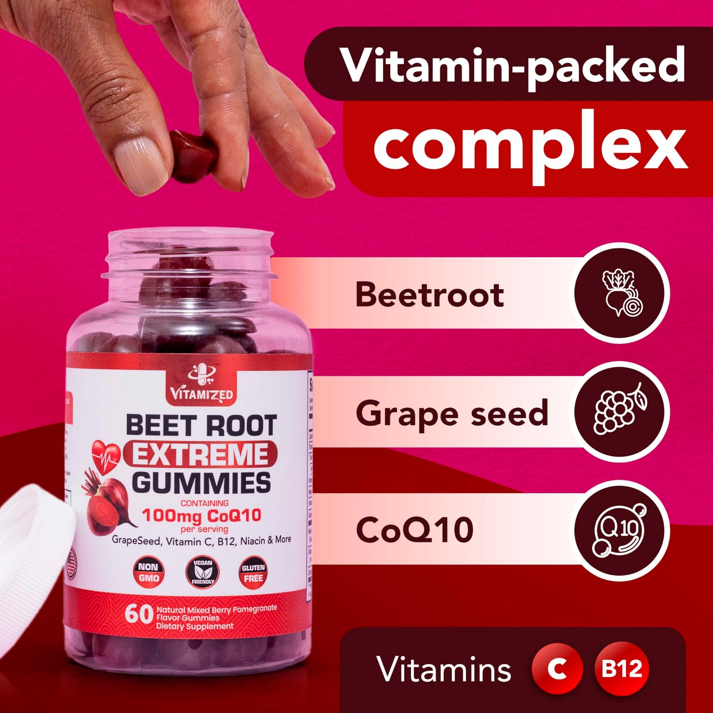 VITAMIZED Extreme Beetroot Formula & COQ10 100mg Gummies for Circulation and Energy, Flow, 60 Count