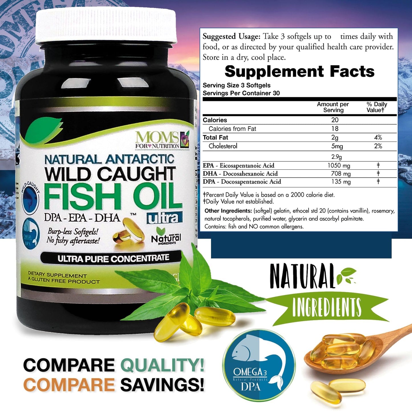 Moms For Nutrition Wild Caught Omega 3 Fish Oil DPA-EPA-DHA 2,900 Milligram Softgel 90 Count