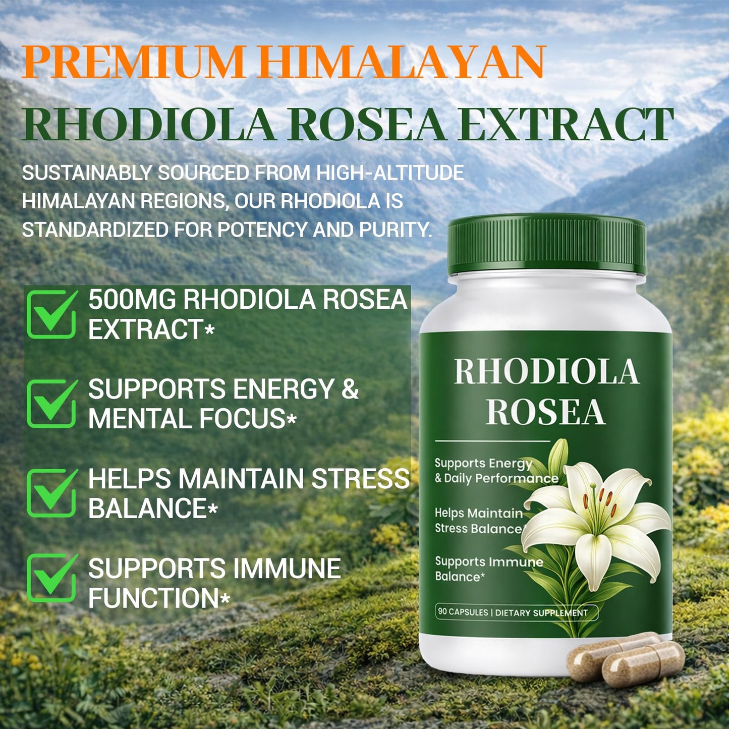 FIYY6VC Rhodiola Rosea Supplement Capsules, 90 Count