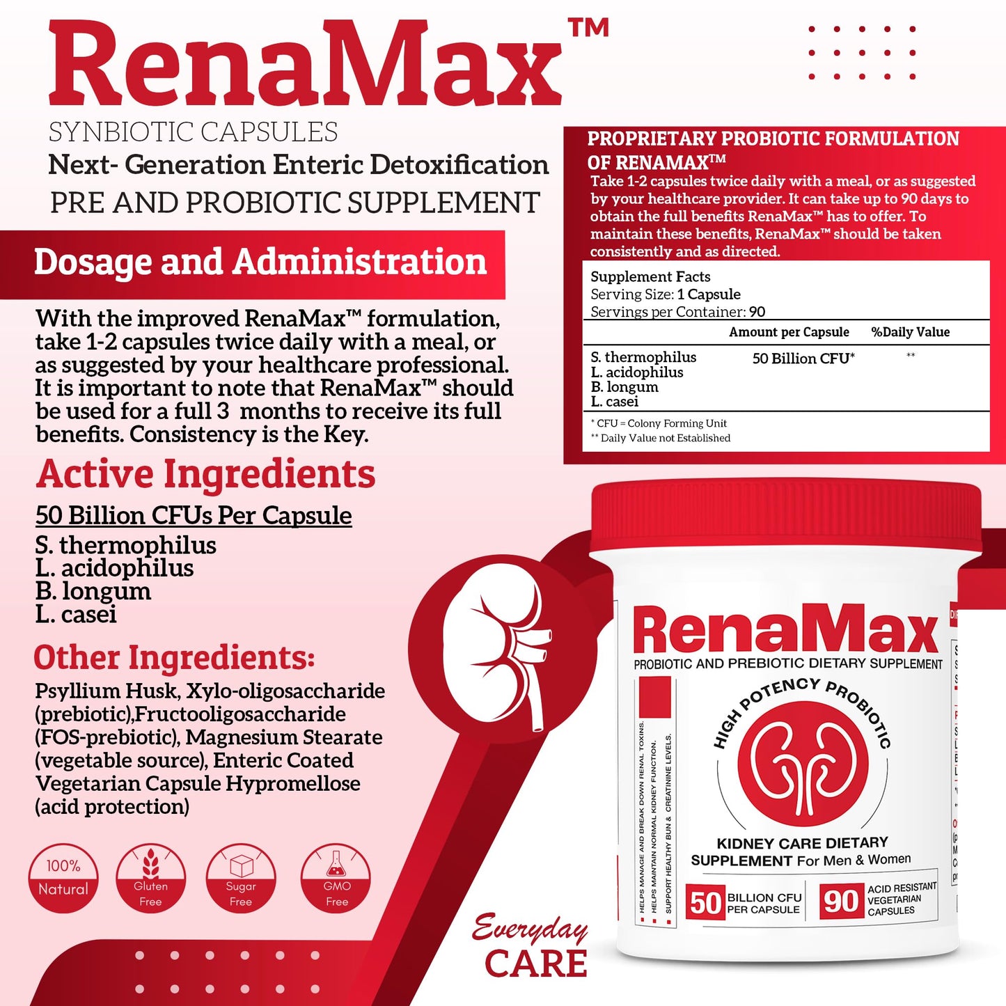 RENAMAX Kidney Restores & Kidney Care Probiotic & Prebiotic Supplement to Support Normal Kidney Function, Capsule, 180 Count