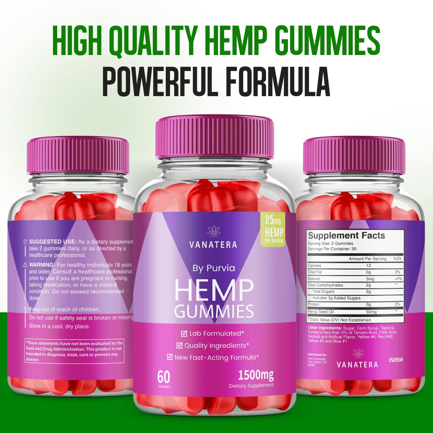 Purvia Vanatera Hemp Gummies Extra Strength Formula, 25mg Per Gummy, 1500mg Per Bottle, 300 Gummies