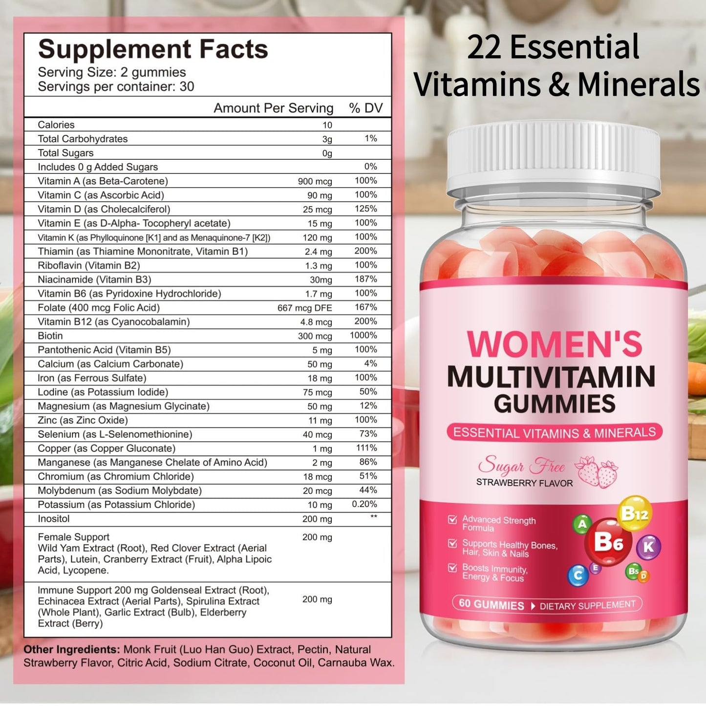 YLXYZUAD Women's Multivitamin Gummies with Iron, Inositol, Zinc, Biotin, Vitamin A, C, D3, E, K2, B12 - Sugar Free, Vegan, Strawberry Flavored, 60 Count