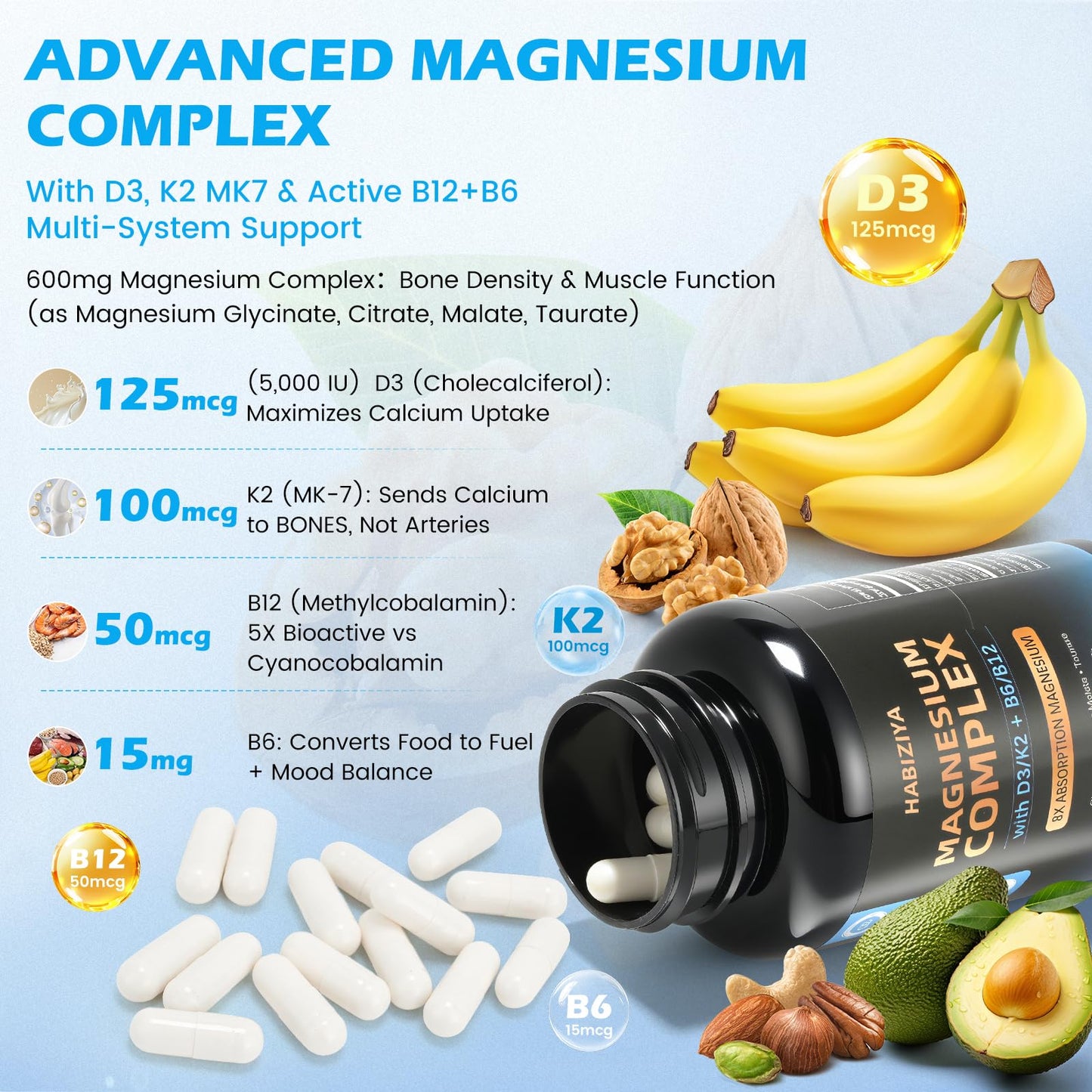 HABIZIYA Magnesium Complex 600mg with D3, K2 MK7 & B Vitamins High-Absorption Capsules, Vegan, 120 Capsules